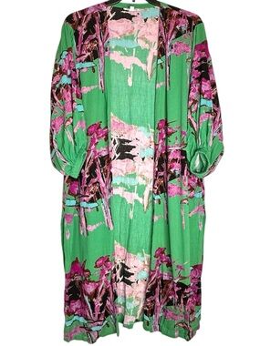 Bel Kazan Floral Printed Maxi Kaftan Green Purple Anthropologie One Size